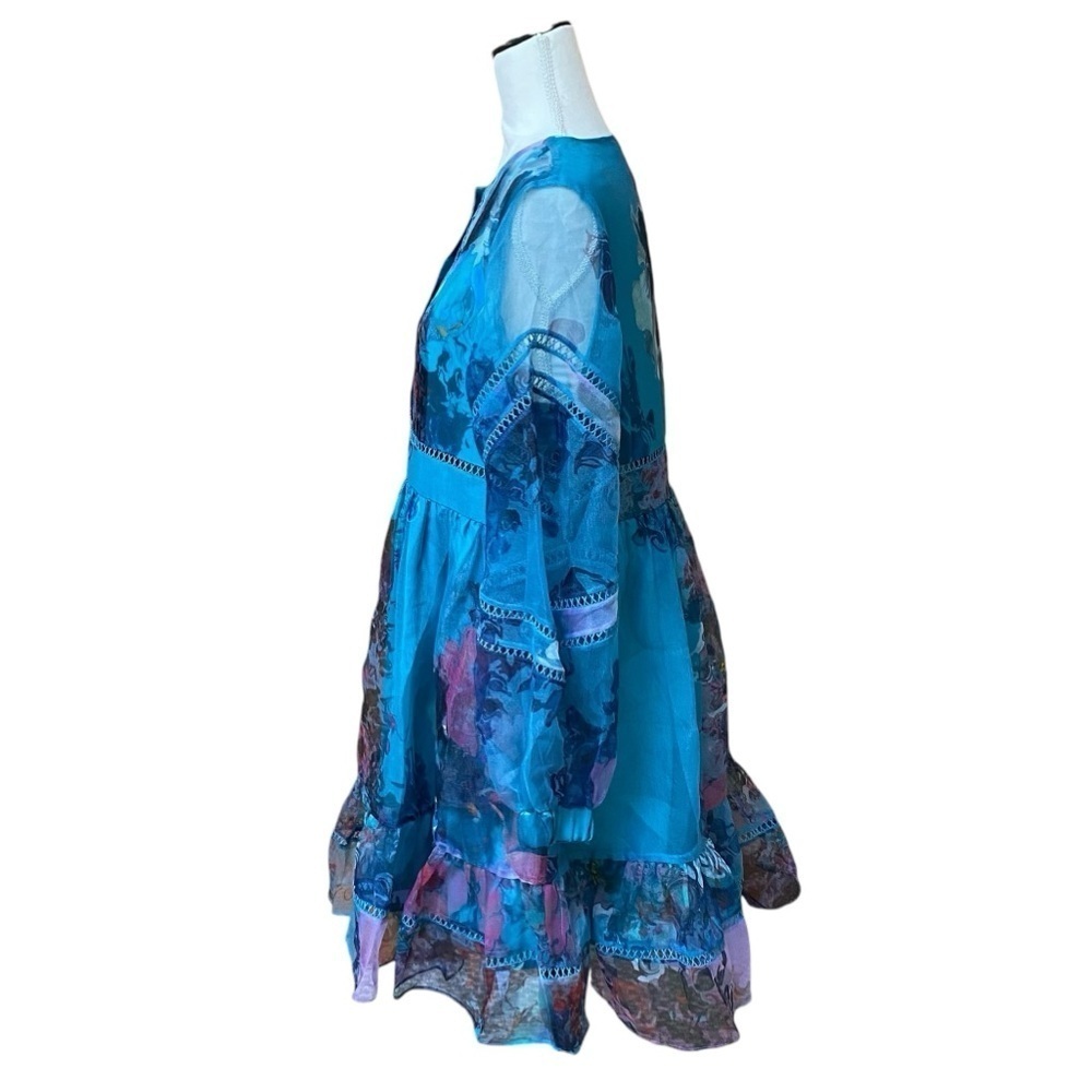 Cynthia Rowley Watercolor Hourglass Dress S Turquoise Organza Lace Mini Dress - Picture 10 of 16